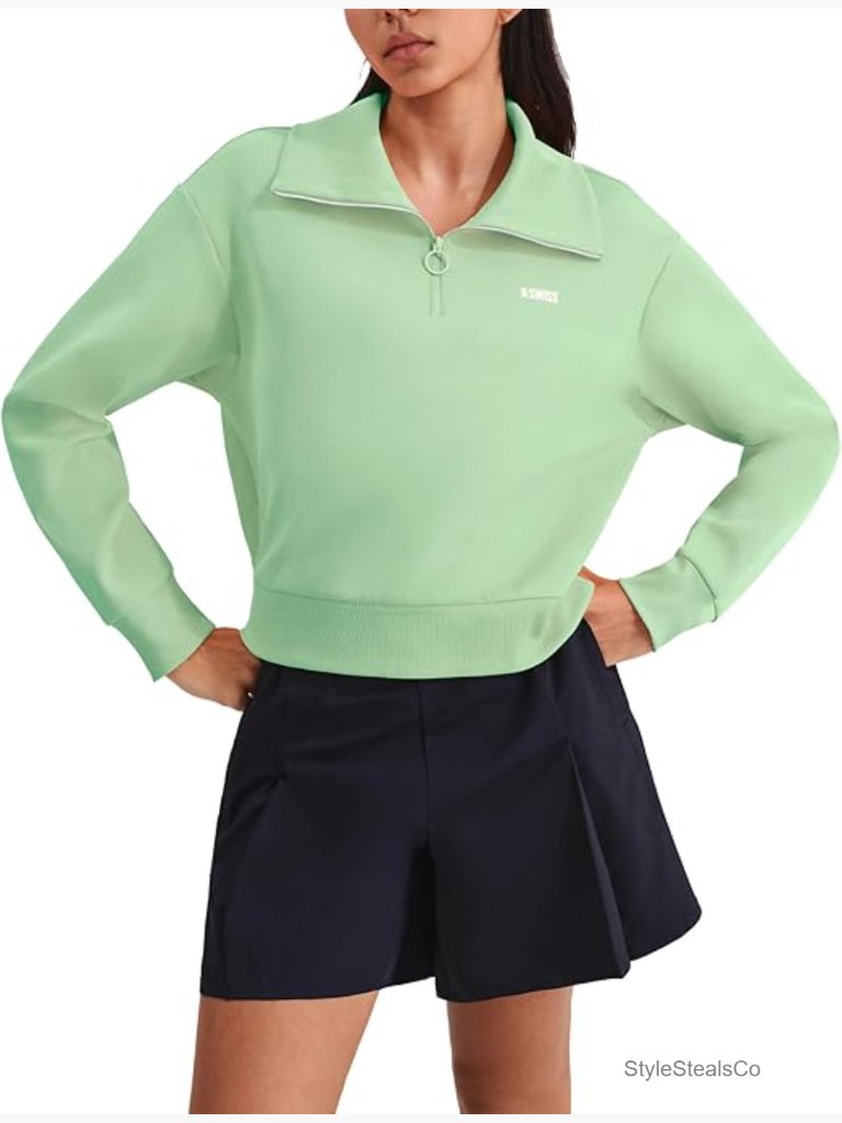 Quarter Zip Pullover - Cropped Relaxed Fit - Workout Sweatshirt